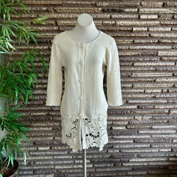 Monoreno Beige Cream Lace Hem Linen Blend Tunic Length Cardigan Sweater - Picture 9 of 9